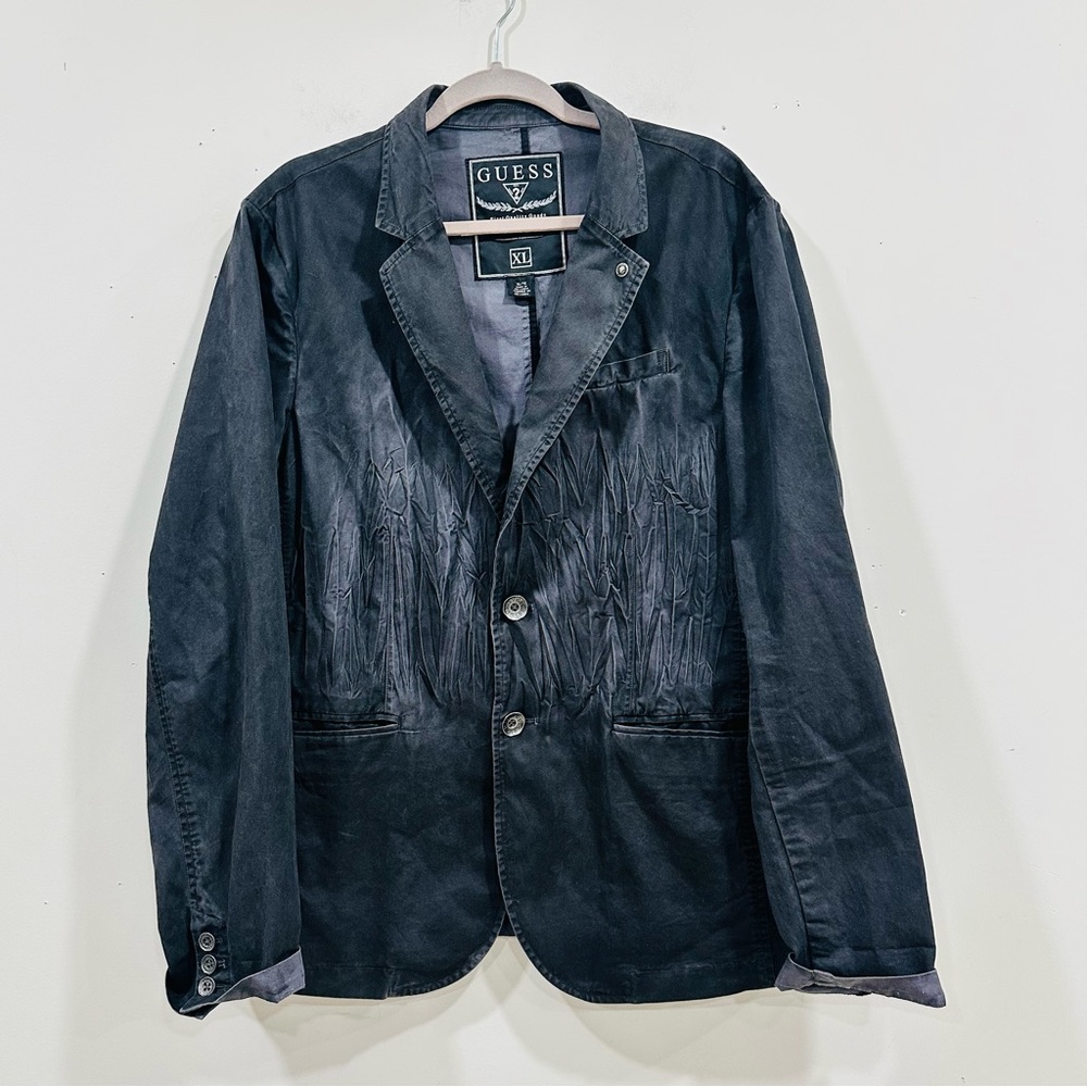 Vintage GUESS Men's Cotton Blazer Jacket XL Black‎ Distressed Crinkle Y2K Grunge